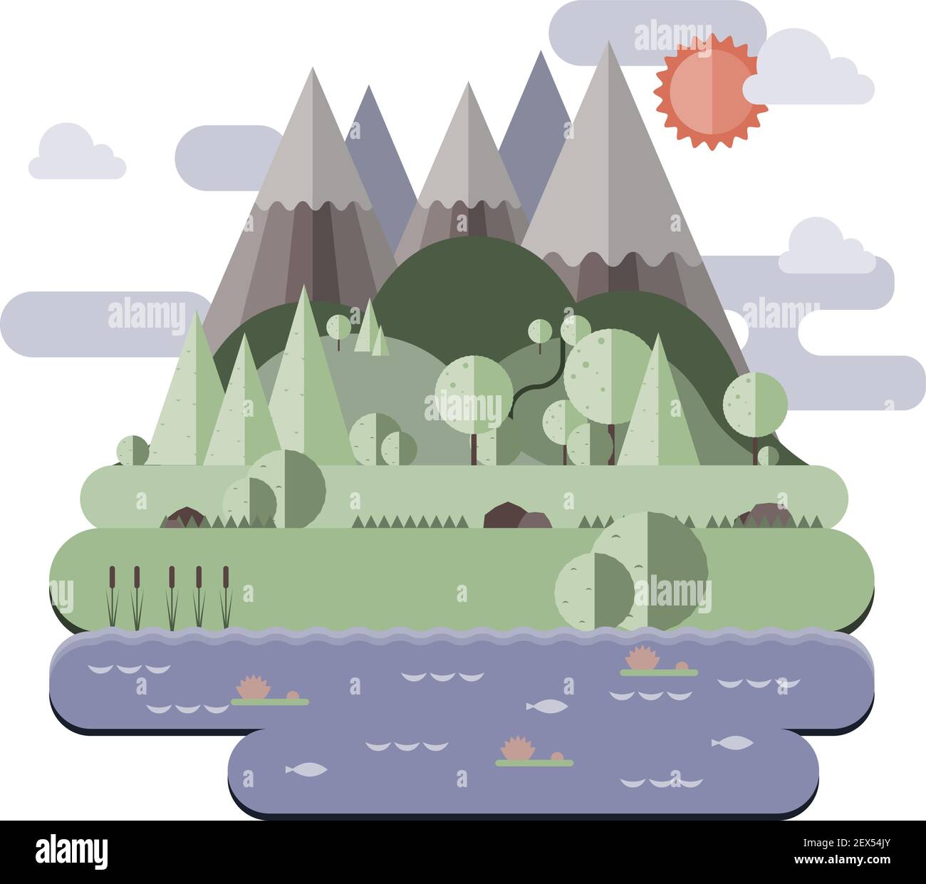 Sonnige Tageslandschaft Illustration im flachen Stil mit Bergen, Wald und Wasser. Hintergrund für Sommercamp, Naturtourismus, Camping oder Wandern Design Stock Vektor