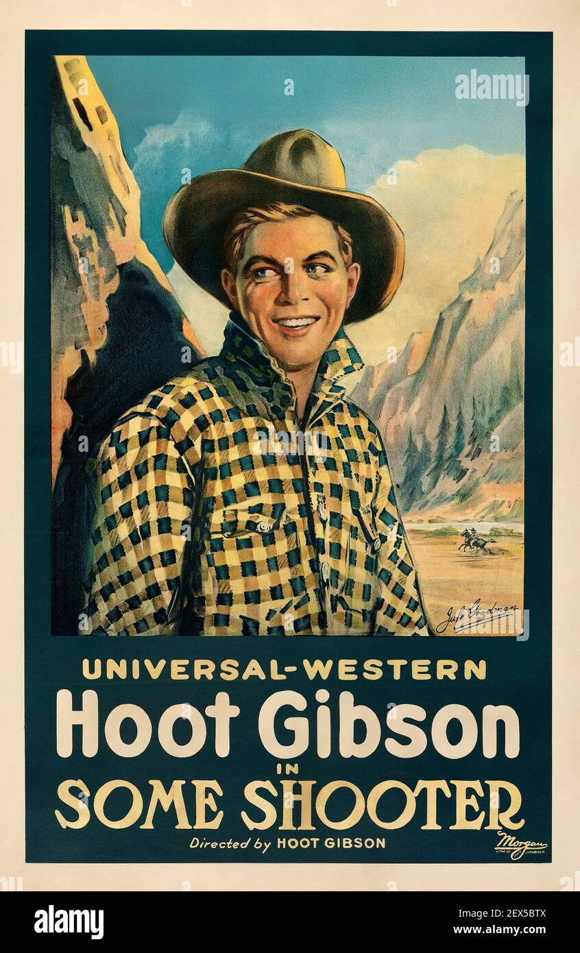 Hoot Gibson in einigen Shooter. Universal-Western. Klassisches Filmplakat, Wilder Westen, alter Western-Film. Illustration von Arthur Jule Goodman (1870-1926). Stockfoto