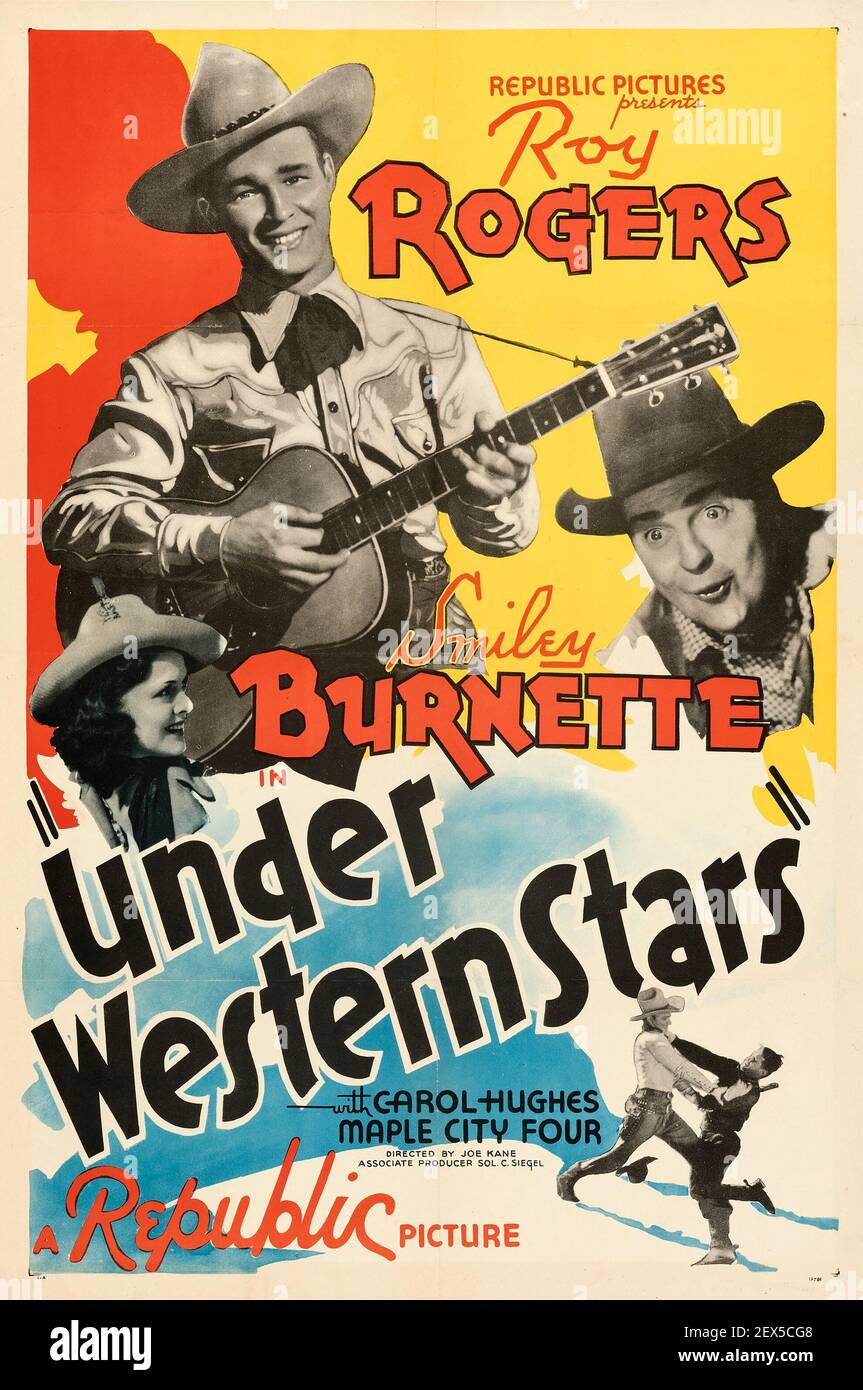 Roy Rogers und Smiley Burnette. Unter Western Stars. Klassisches Filmplakat, Wilder Westen, alter Western-Film. 1938. Stockfoto
