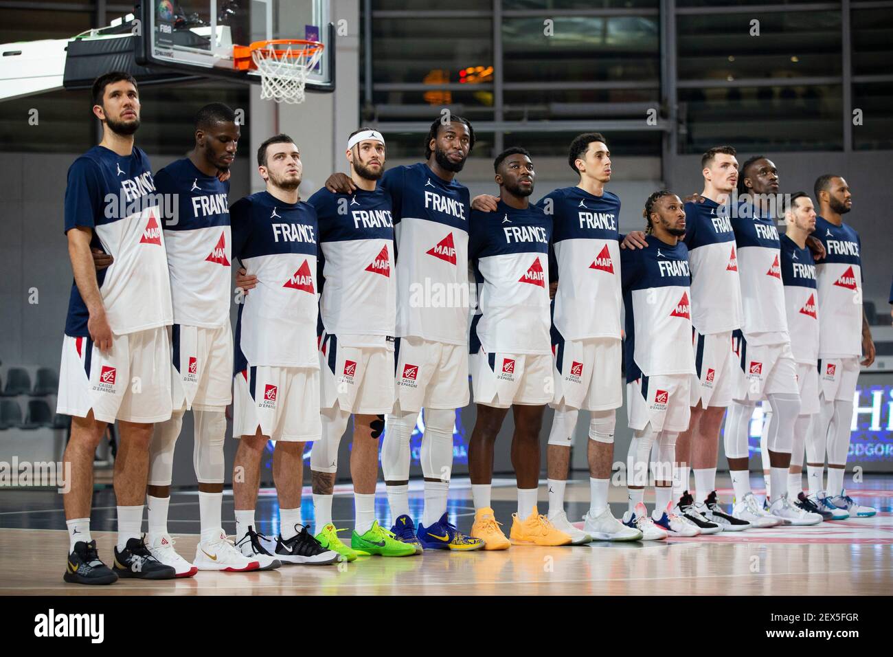 Podgorica, Montenegro. 20th. Februar 2021. Die französische Mannschaft während der Nationalhymne. Quelle: Nikola Krstic/Alamy Live News Stockfoto