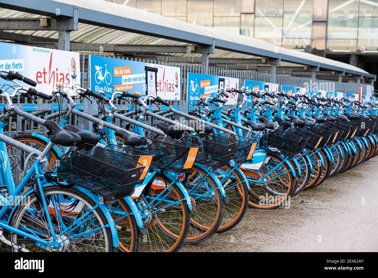 Gent, Flandern, Belgien - 02 20 2021: Blue Bikes zur Kurzzeitmiete am Bahnhof Gent Stockfoto