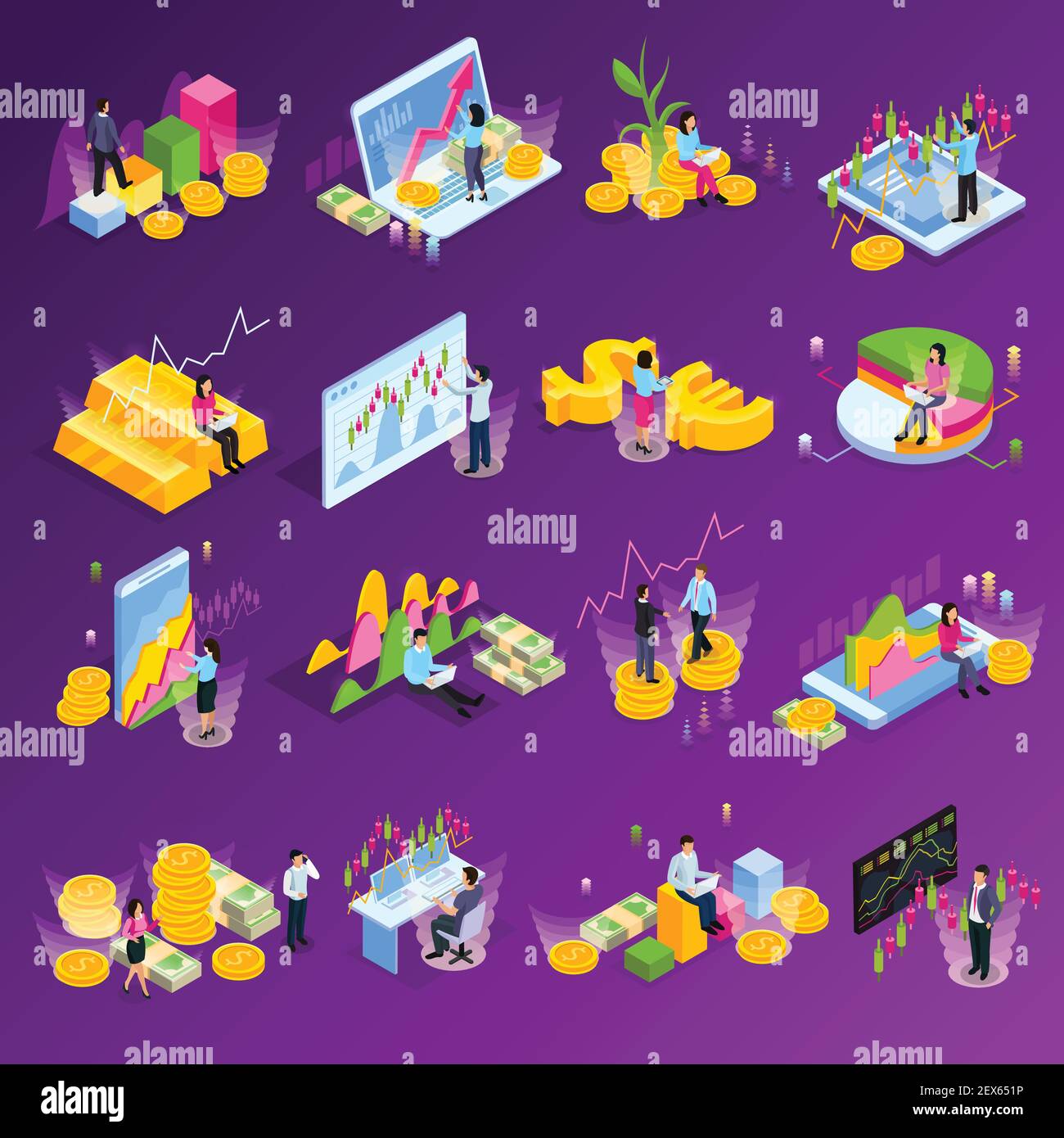 Börse isometrische Icon-Set mit verschiedenen Grafiken Diagramme ...