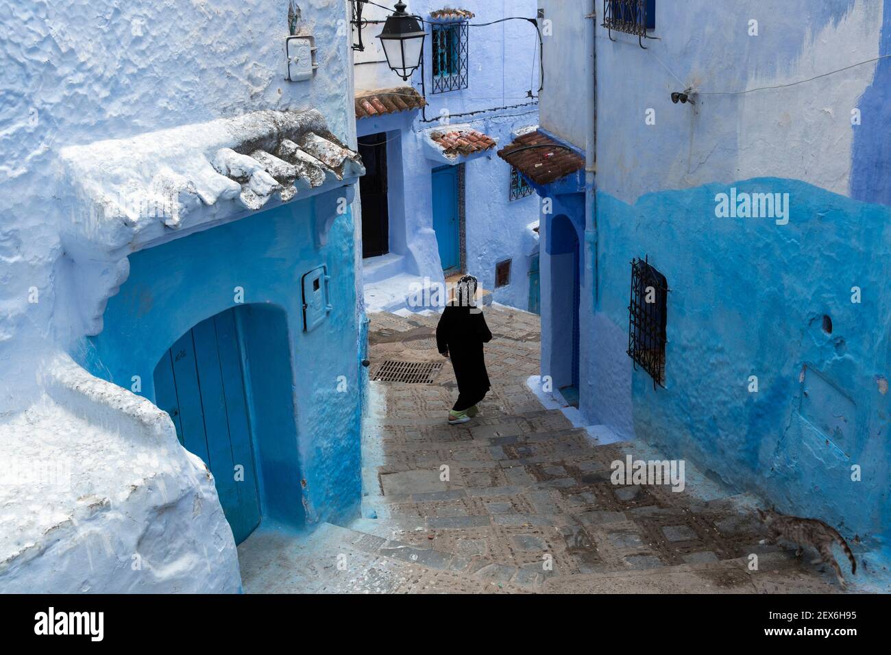 Marokko, Chefchaouen, Architektur von weißen und indigo limewashed Gebäuden Stockfoto