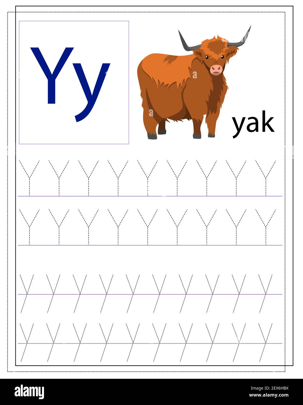 Yak. Ein Arbeitsblatt für Kinder mit Buchstaben zum Erlernen des englischen Alphabets. Handschriftentraining. Stock Vektor