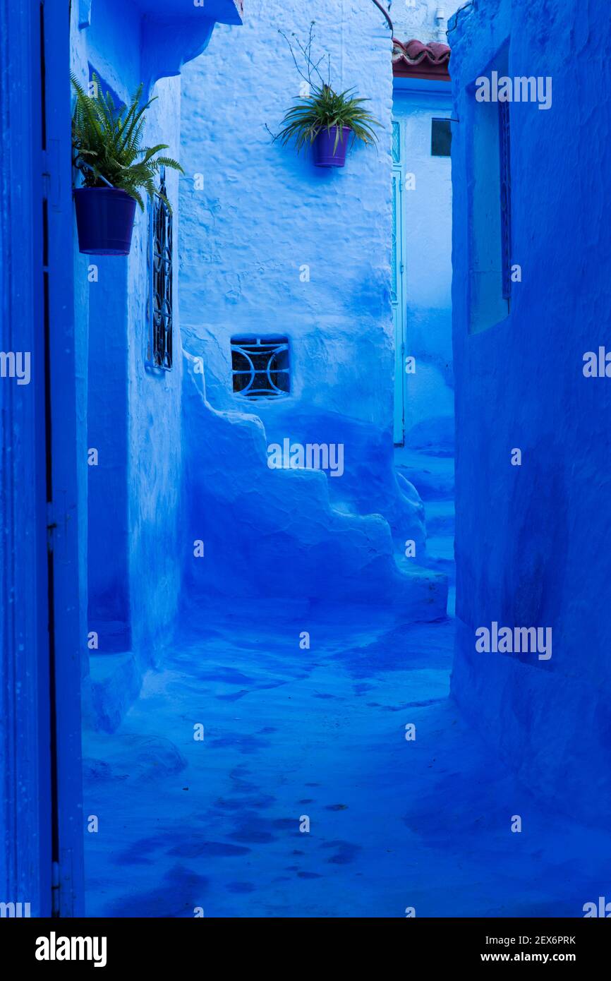 Marokko, Chefchaouen, 'die blaue Stadt' Architektur von indigoblauen Gebäuden Stockfoto