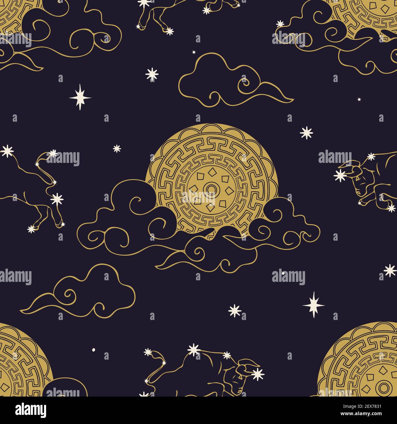 Nahtloses Vektor-Muster mit Nachthimmel mit goldenem Mond auf blauem Hintergrund. Einfaches Zodiac Symbol Tapete Design mit Sternen. Mode der Astronomie. Stock Vektor