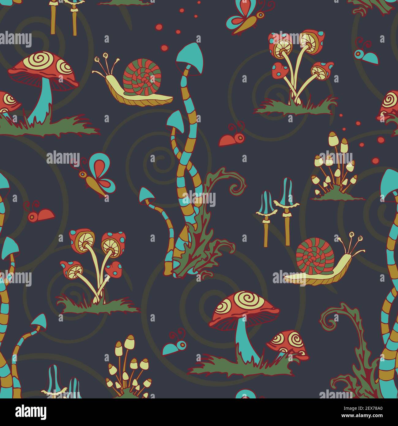 Nahtlose Vektor-Muster mit Cartoon Pilze und Schnecken auf dunkelblauem Hintergrund. Fantasy Wald Wallpaper Design mit verrückten Tierwelt. Stock Vektor