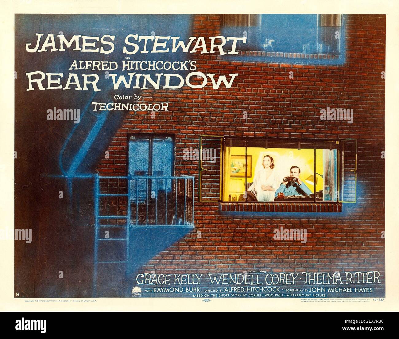 Alfred Hitchcock Filmposter / Werbespot für Heckfenster mit James Stewart und Grace Kelly. Auch feat. Wendell Corey und Thelma Ritter. Stockfoto