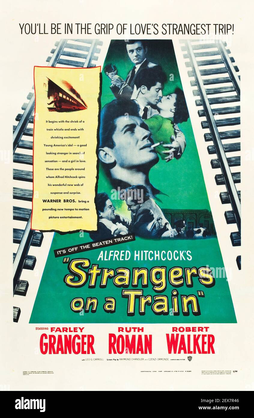 Fremde im Zug. Alfred Hitchcock Filmposter. Feat. Farley Granger, Ruth Roman und Robert Walker. 1951. Stockfoto