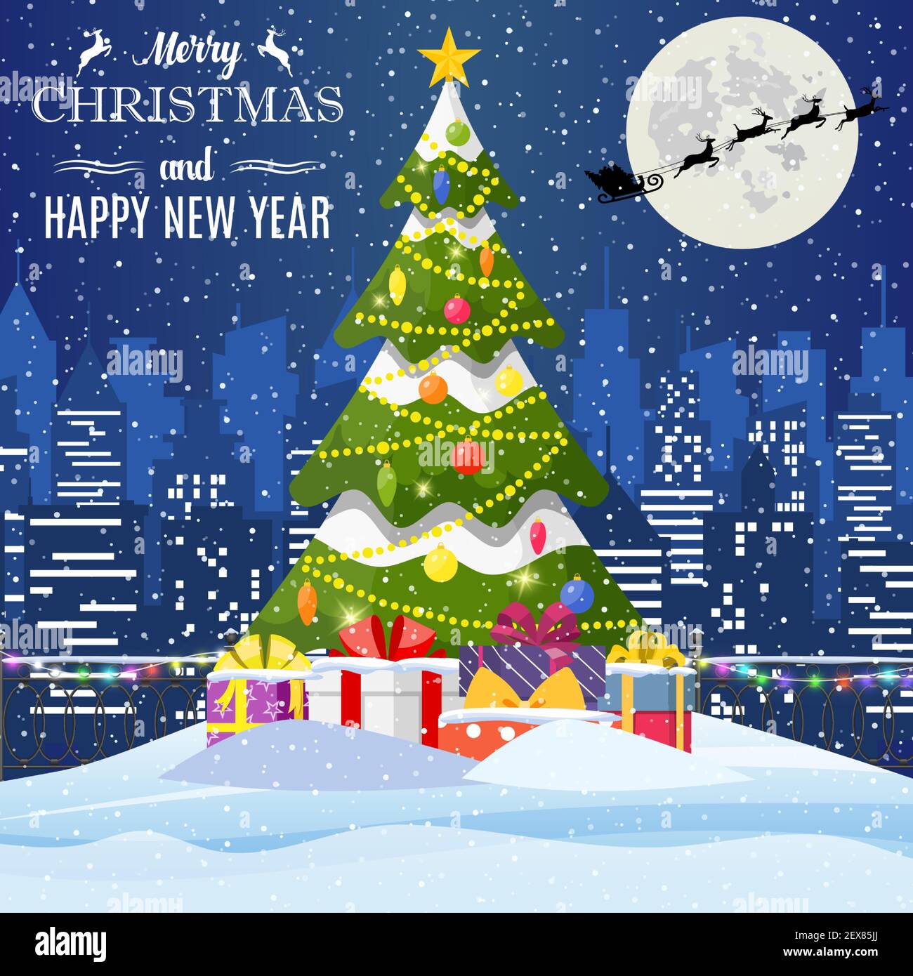 Weihnachten Winter Stadtbild, Tannenbaum und Geschenke. Stock Vektor