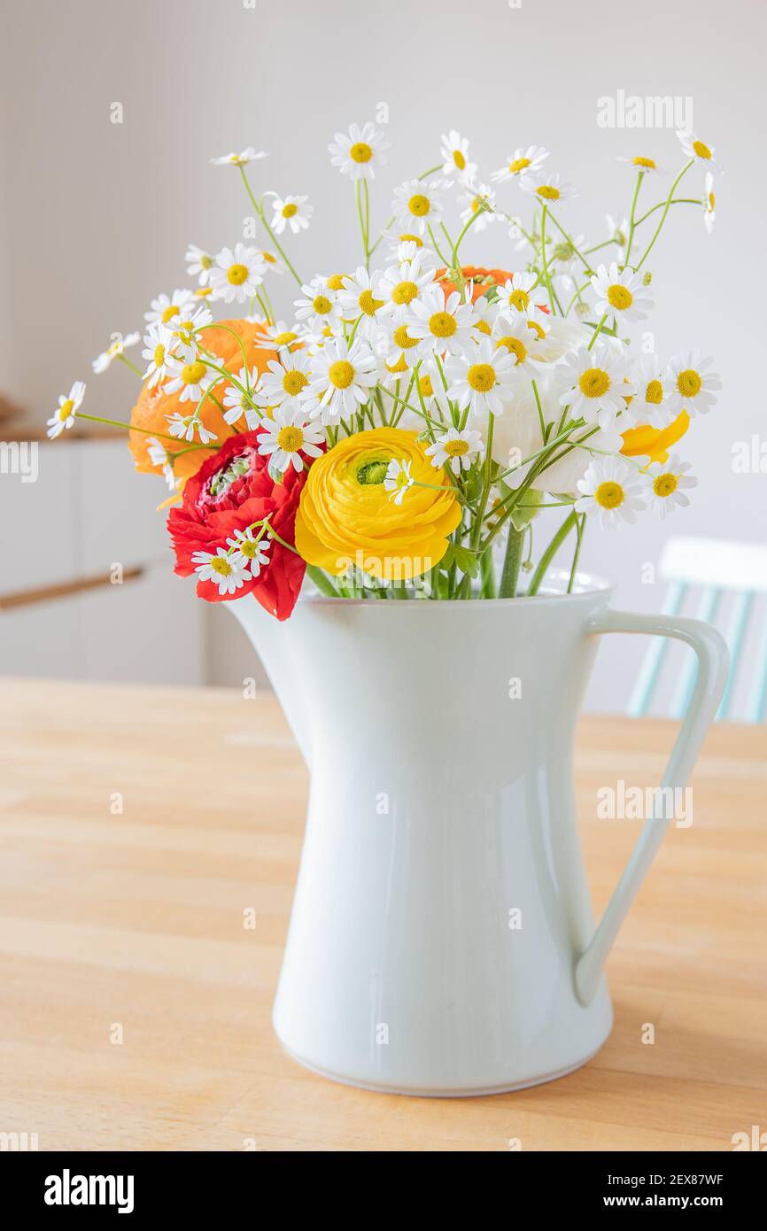 Bouquet von persischen Butterblume Blumen und Gänseblümchen in einer mintgrünen Kaffeekanne aus dem Jahr 60ies auf einem Holztisch. Innenausstattung im skandinavischen Stil. Stockfoto