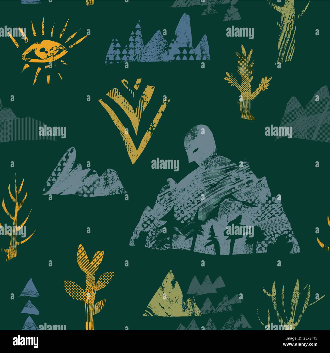 Vektor abstraktes Nahtloses Muster mit natürlichen und geometrischen Motiven. Stock Vektor