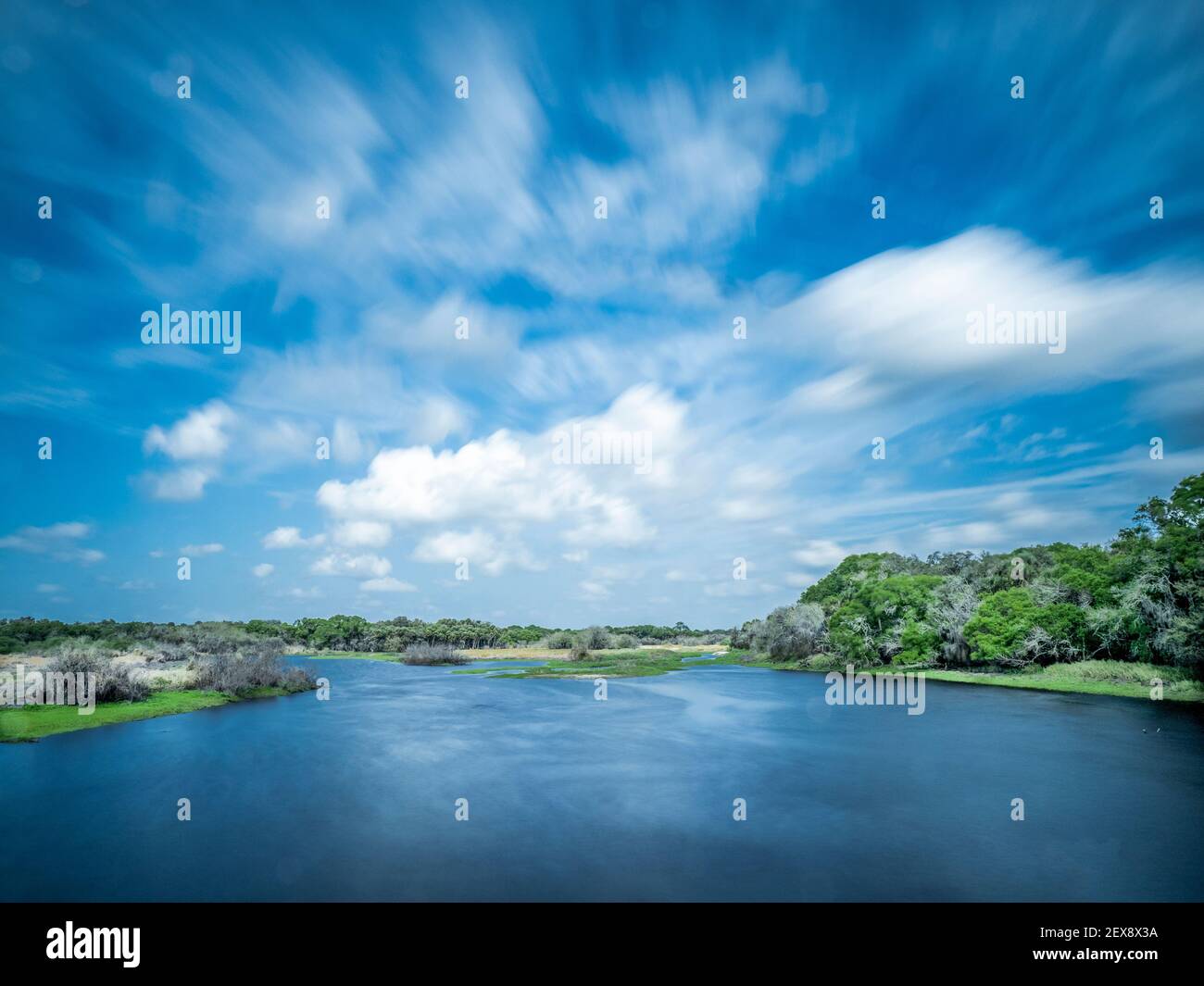 Sonniger Tag mit weißen Wolken über dem Fluss Myakka in Myakka River State Park in Sarasota Florida USA Stockfoto