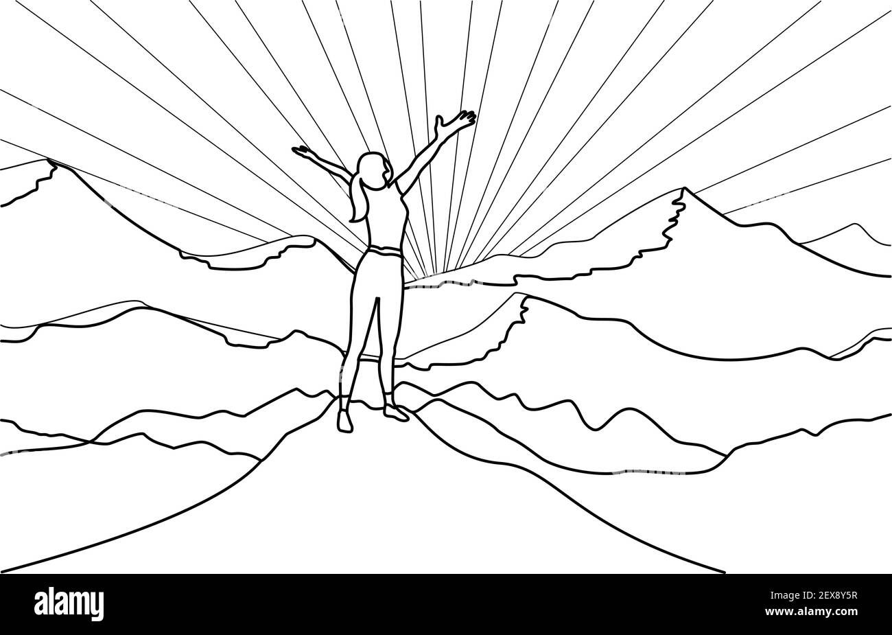 Linie Kunst Zeichnung der erfolgreichen Frau Wanderer genießen Sie die Aussicht mit offenen Armen auf Klippe Kante Spitze des Berges und Sonnenschein Hintergrund. Stock Vektor