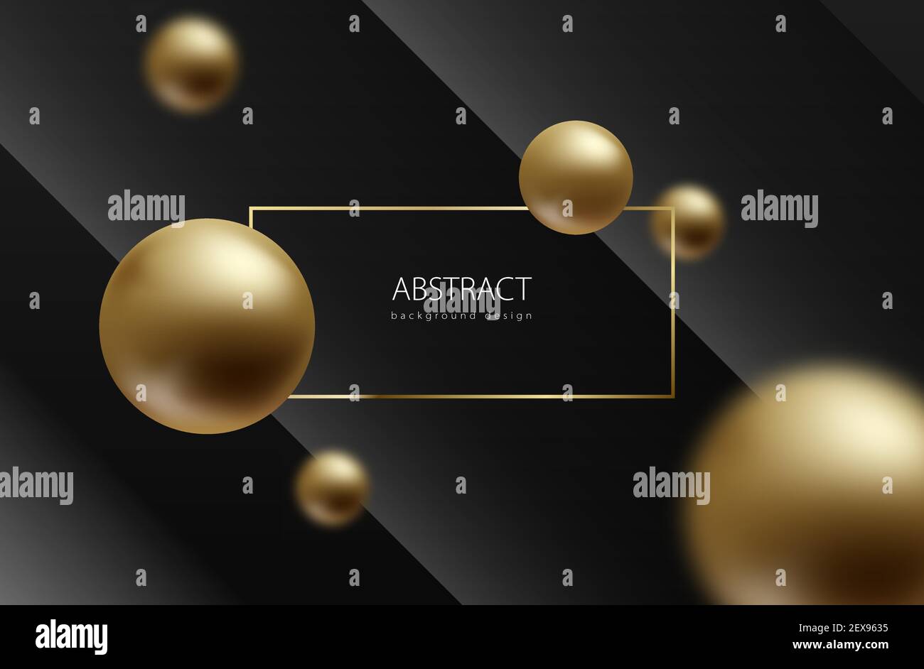 Abstrakter Kugelhintergrund. Goldene Kugeln auf schwarzem Volumen geometrischen Hintergrund. Kopfzeile mit goldenem Rahmen. Verblurte Globen. Luxuriöses, trendiges Design. Stock Vektor