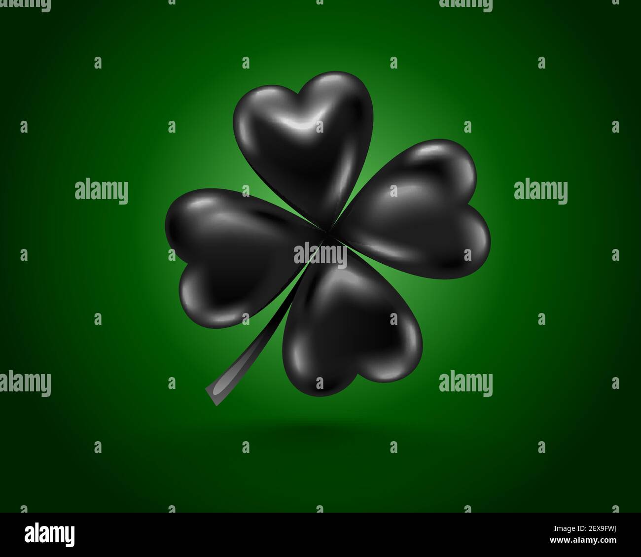 Glänzendes schwarzes Kleeblatt, dunkle Vektorgrafik für St. Patrick Tag. Isolierte vierblättrige auf schwarzem Hintergrund. Stock Vektor