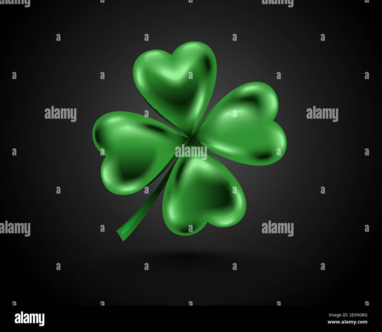 Glänzend grünes Kleeblatt, dunkle Vektorgrafik für St. Patrick Tag. Isolierte vierblättrige auf schwarzem Hintergrund. Stock Vektor