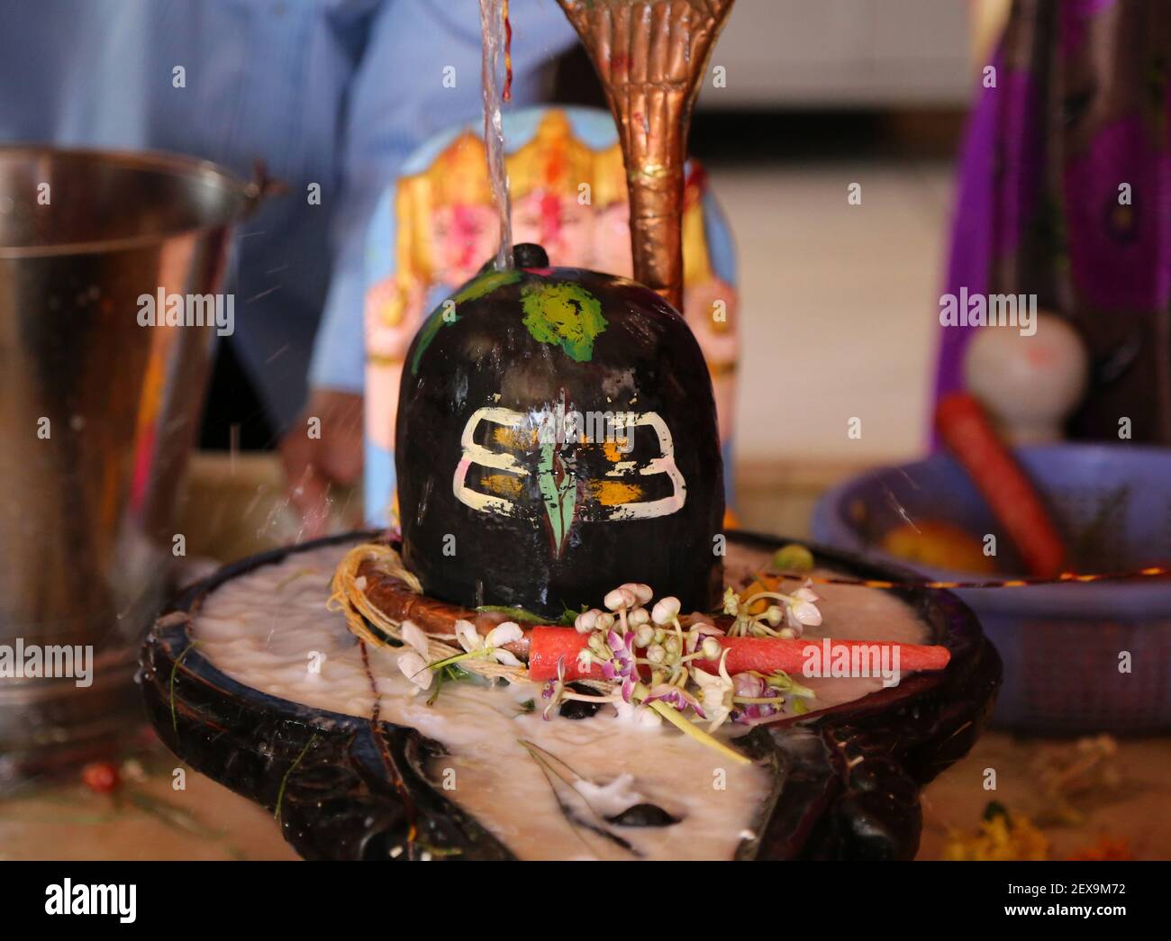Beawar, Rajasthan, Indien, 7. März 2016: Wasser gießen über einem Lingam, eine Steinskulptur, die den hinduistischen Herrn Shiva, auf Maha Shivratri Festival an Stockfoto