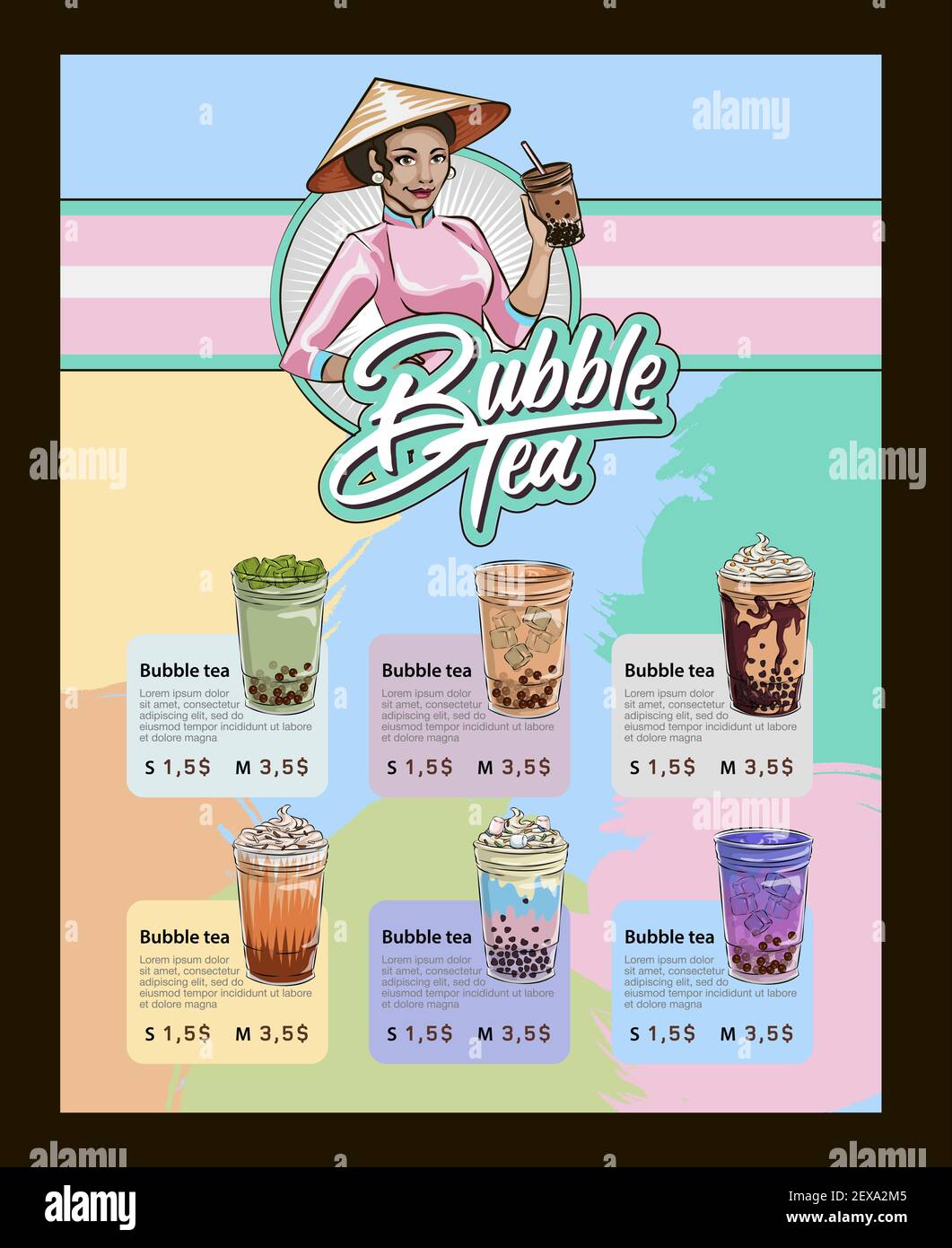 Bubble Tee-Menü, vietnamesische Tapioca Perle Tee, schütteln Fruchtgelee Belag Tee, trinken, Gießen, boba Saft und mehr. Stock Vektor