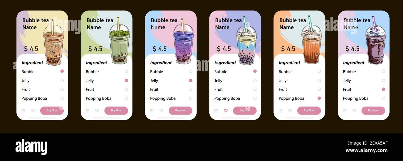 Bubble Tee-Menü, vietnamesische Tapioca Perle Tee, schütteln Fruchtgelee Belag Tee, trinken, Gießen, boba Saft und mehr. Stock Vektor