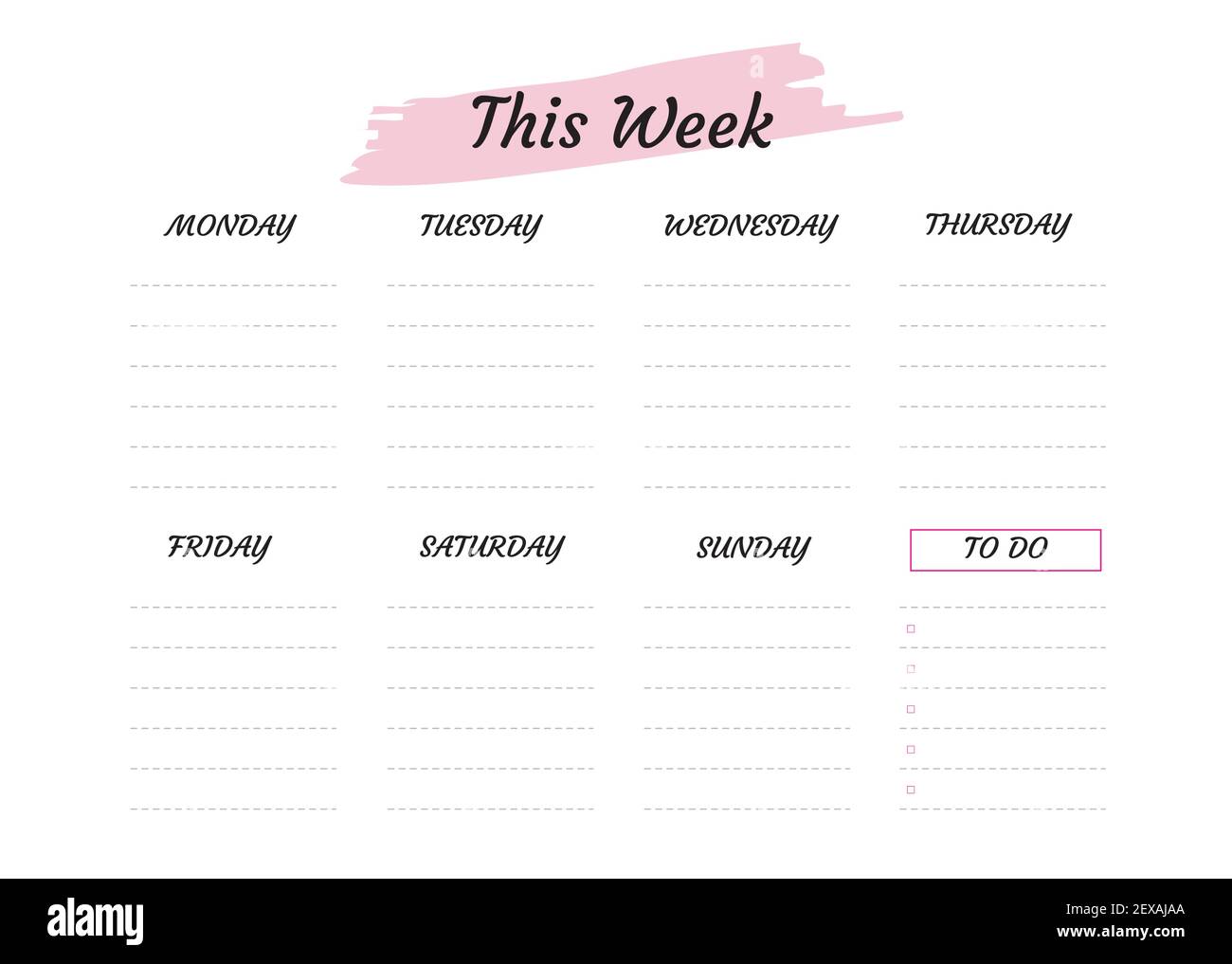 Wochenplaner mit rosa und schwarz, Schreibwaren-Veranstalter für Tagespläne, Vektor Wochenplaner Vorlage, Zeitpläne Stock Vektor