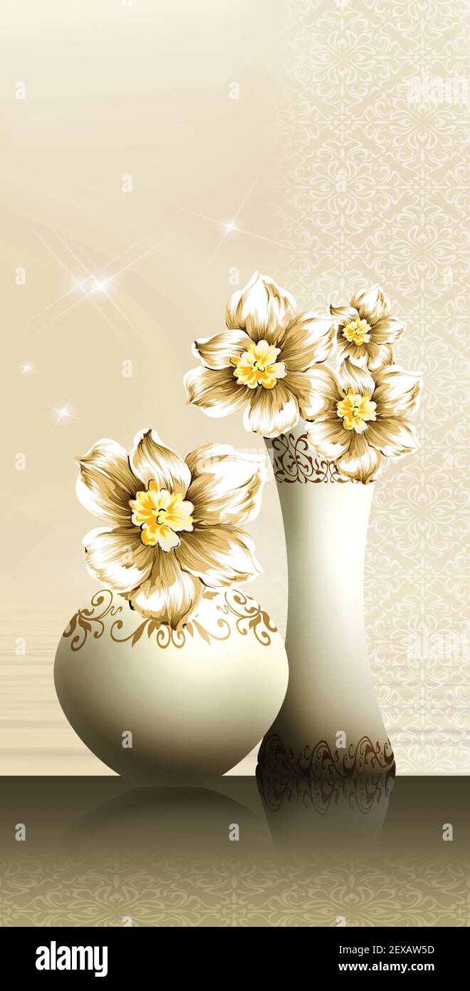 3D Illustration Vasen. Goldenen Baum der Blumen und hellen Hintergrund. Leinwand Kunst für Wandrahmen. Stockfoto