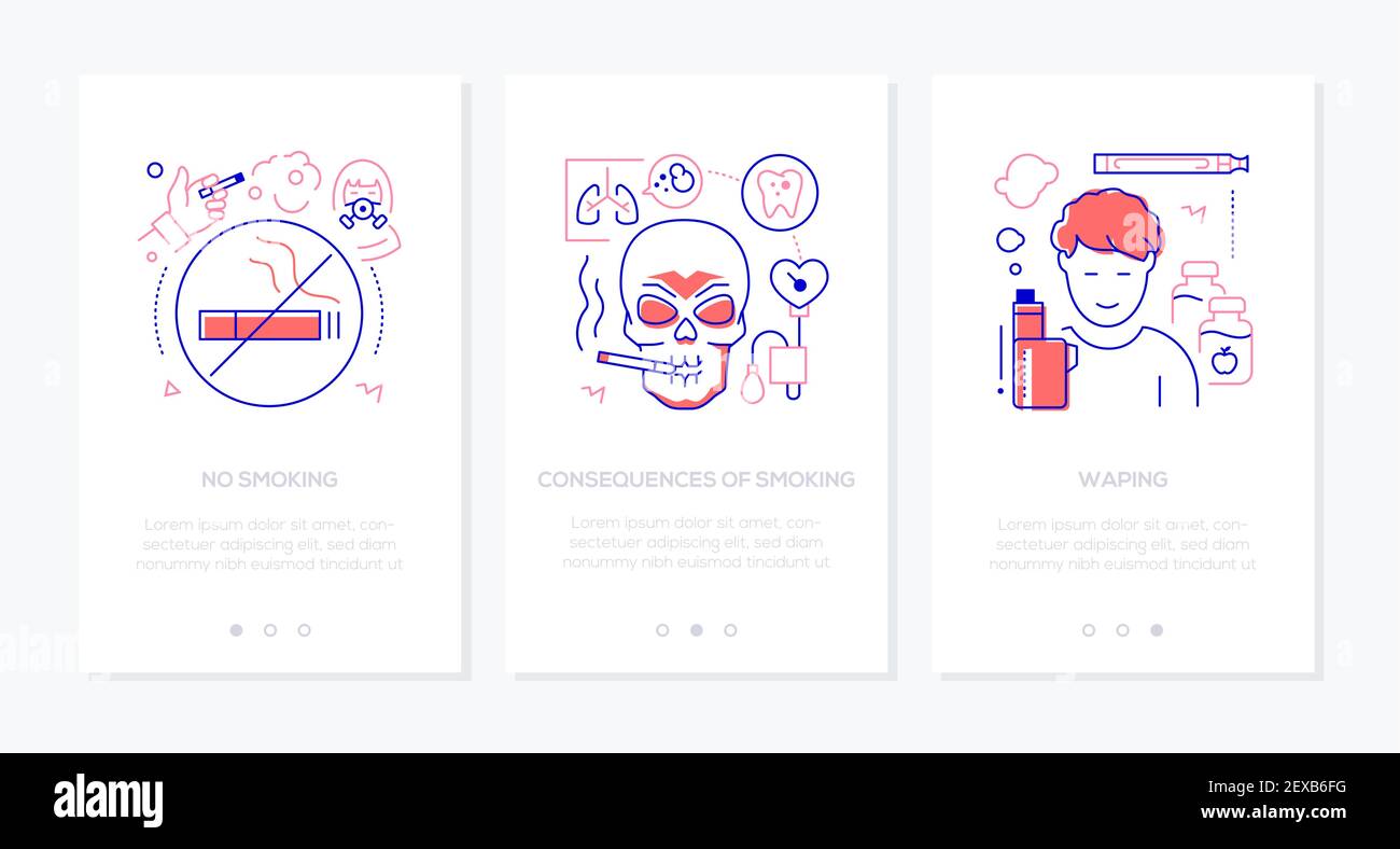 Rauchen aufhören - line Design Stil Web-Banner mit Platz für Text kopieren. Gesundheit Probleme Idee. Konsequenzen einer schlechten Gewohnheit, Verdampfen, Stop-Zeichen illustrati Stock Vektor