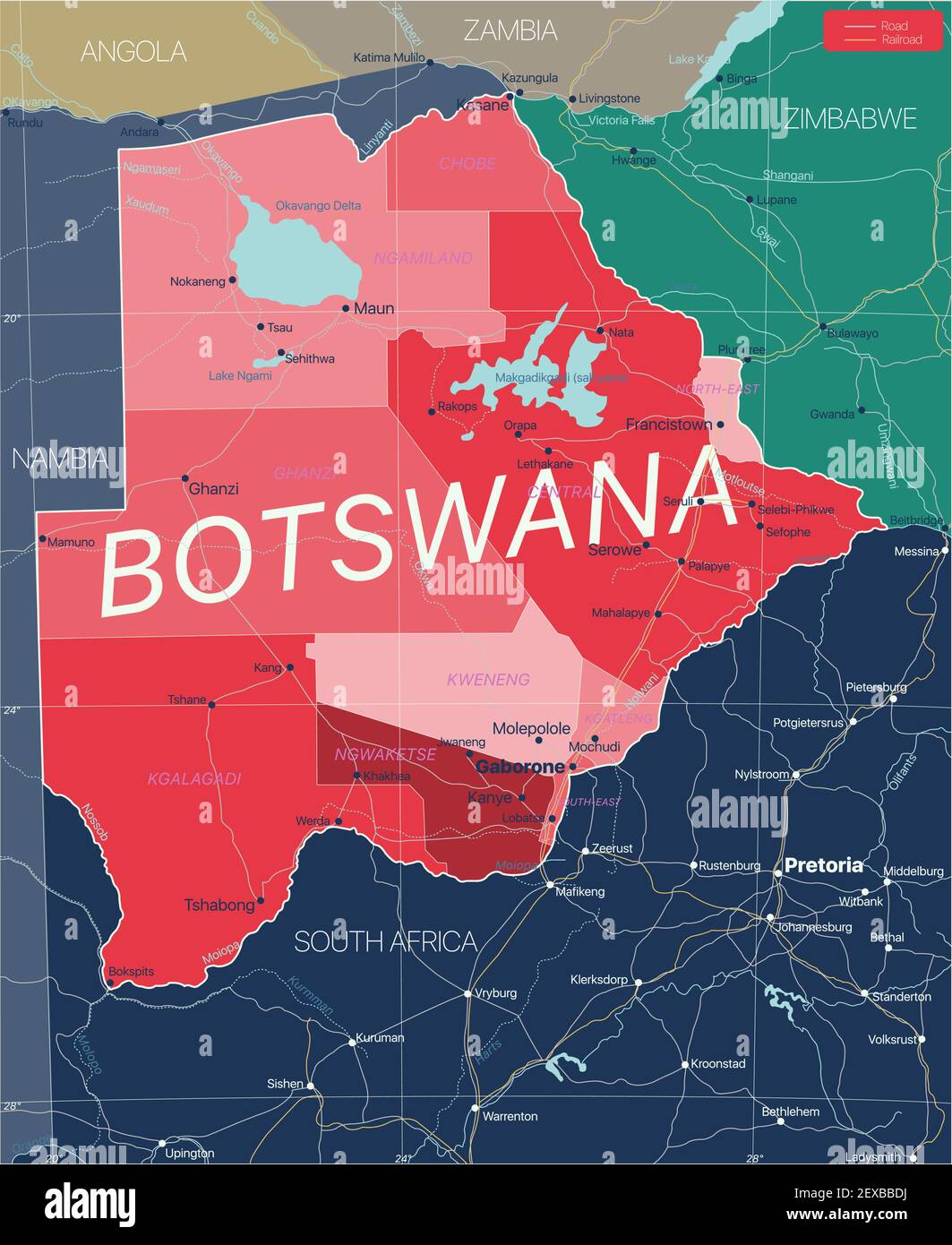 Botswana Land detaillierte editierbare Karte mit Regionen Städte und