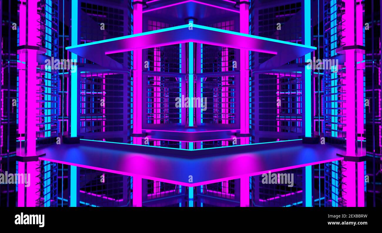 3D rosa violett blau Neon abstrakter Hintergrund. Einrichtung des Nachtclubs. Ultraviolette Podium Dekoration leeren Raum. Leuchtende Lichter. Rendern. Stockfoto