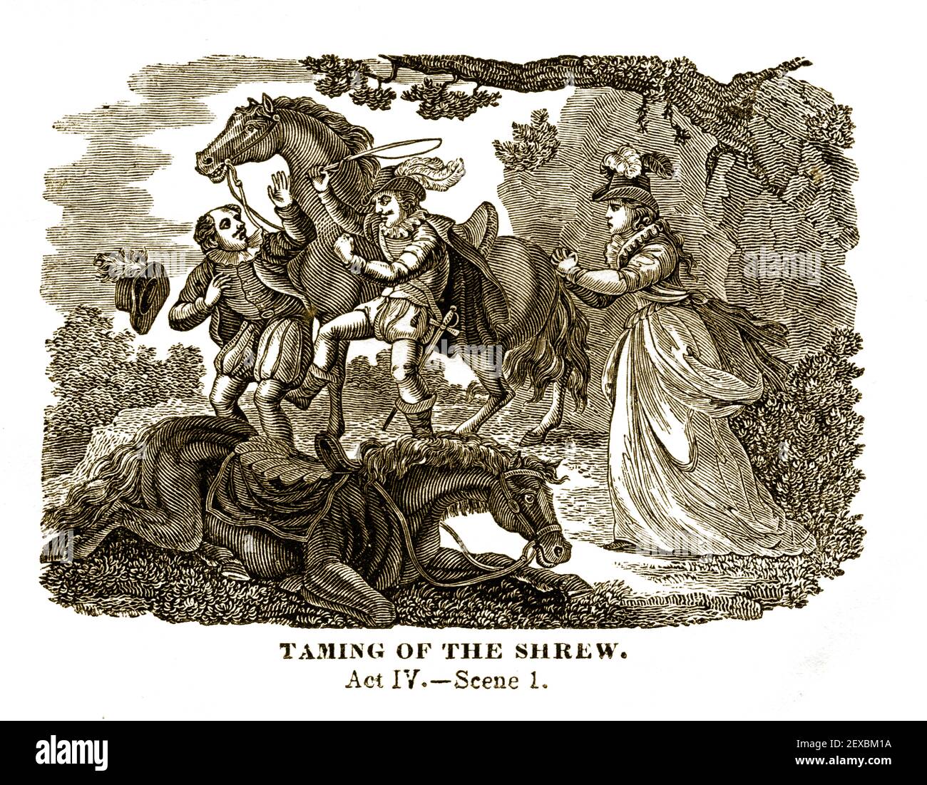 Ein Stich aus dem Jahr 1834, der eine Szene (IV. Akt, Szene 1) aus William Shakespeares Theaterstück 'Taming of the Shrew' darstellt, digital koloriert. Stockfoto