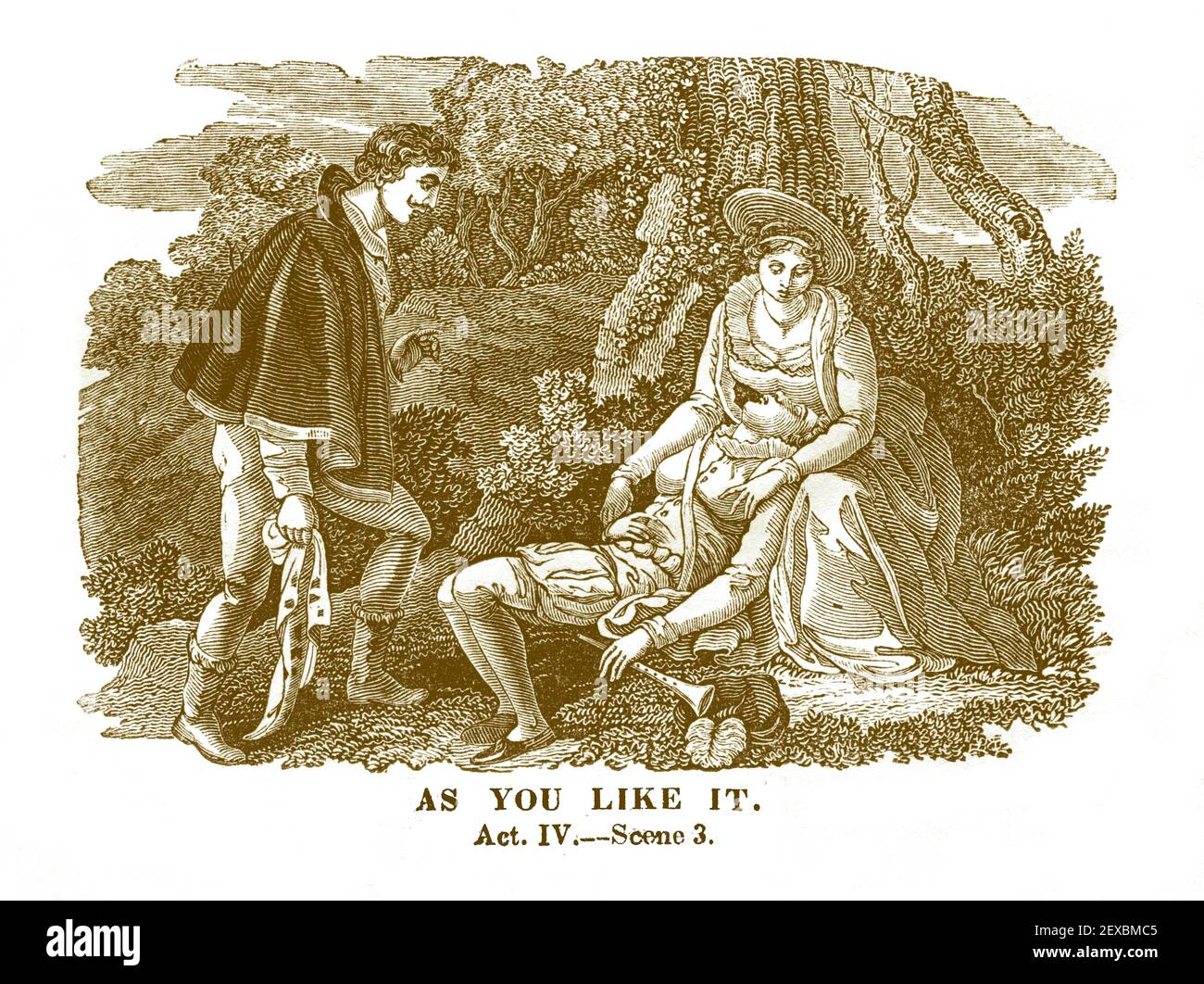 Ein Stich aus dem Jahr 1834, der eine Szene (IV. Akt, Szene 3) aus William Shakespeares Stück 'As You Like IT' darstellt, digital koloriert. Stockfoto