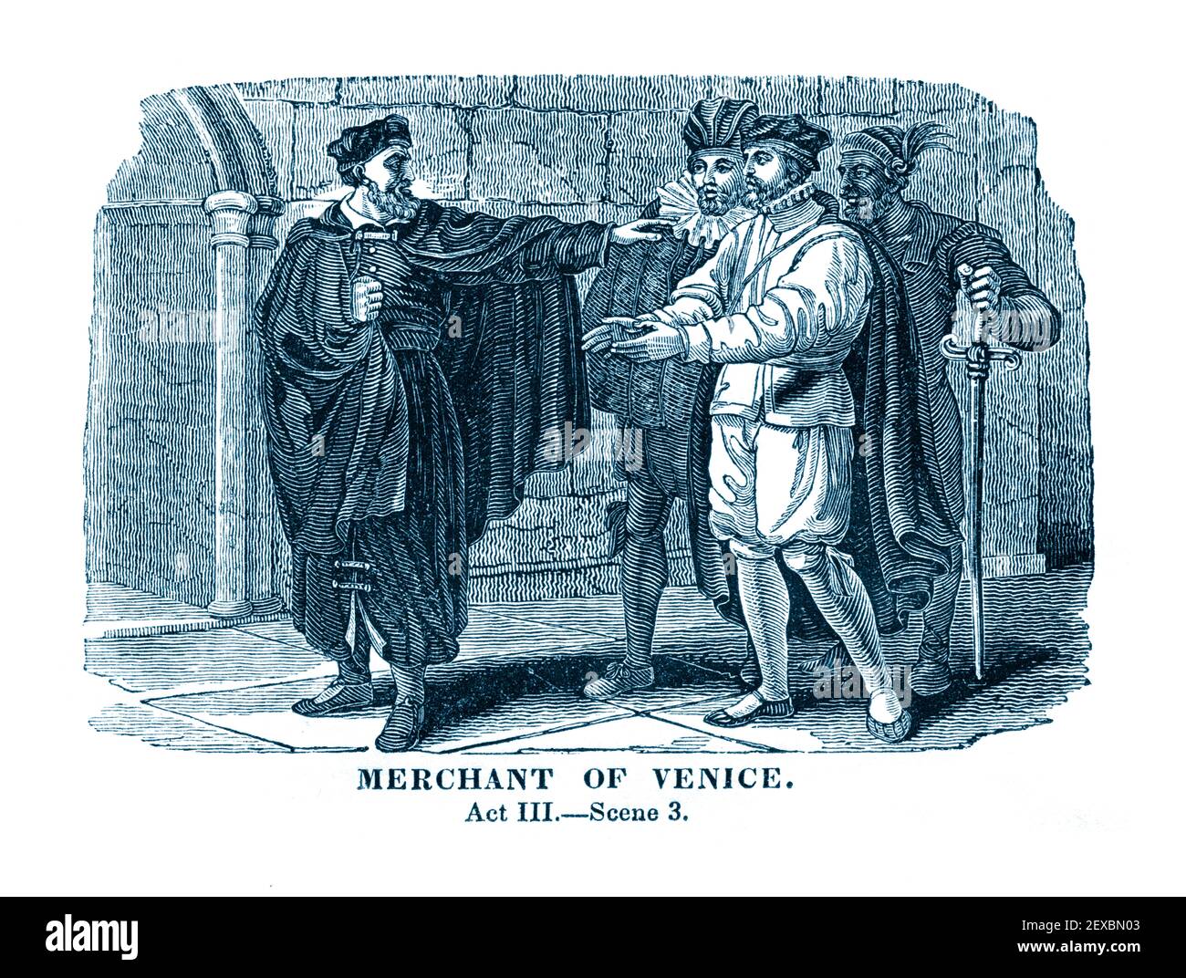 Ein Stich aus dem Jahr 1834, der eine Szene (III. Akt, Szene 3) aus William Shakespeares Stück 'Merchant of Venice' darstellt, digital koloriert. Stockfoto