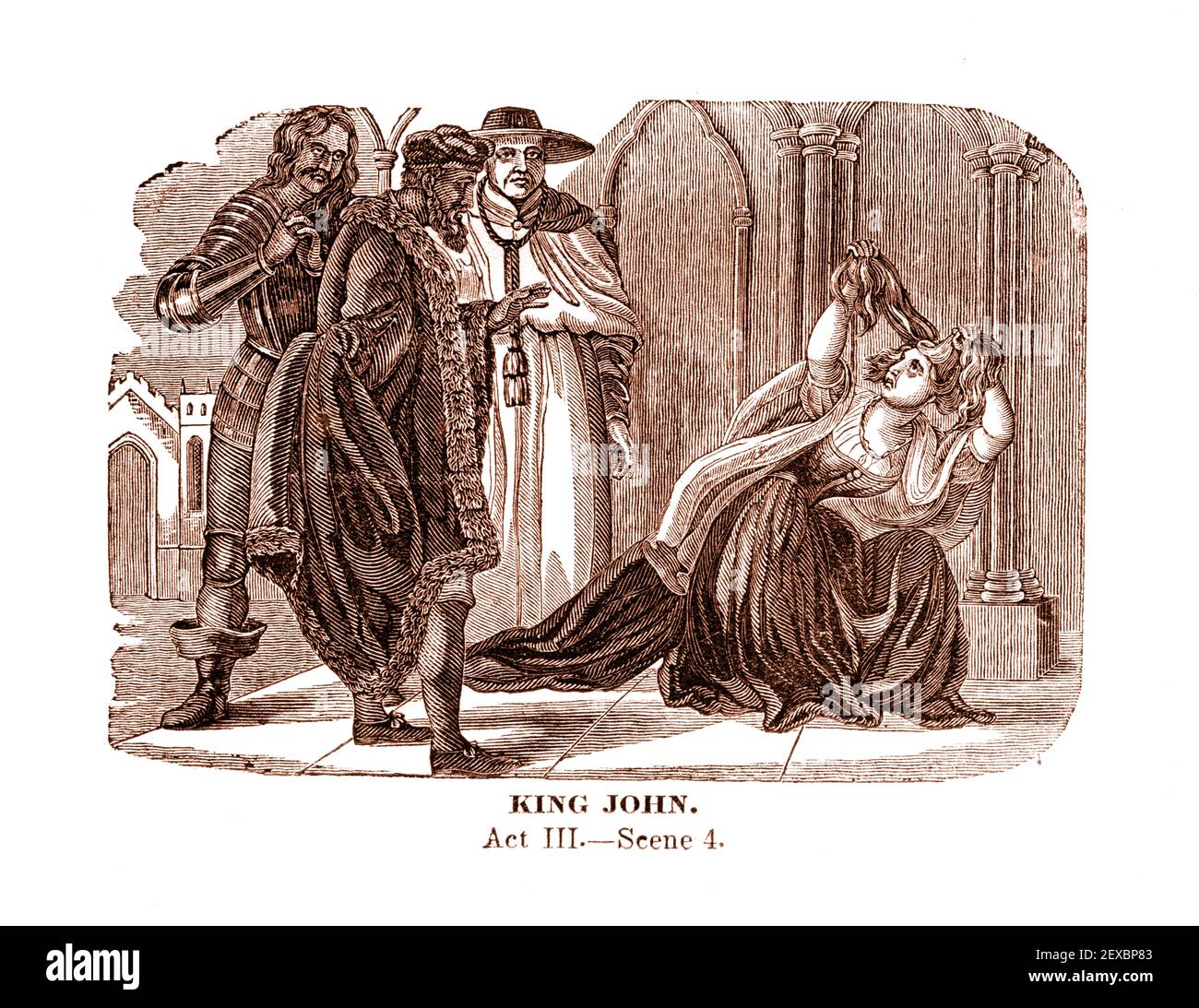 Ein Stich aus dem Jahr 1834, der eine Szene (3. Akt, Szene 4) aus William Shakespeares Stück 'King John' darstellt, digital eingefärbt. Stockfoto