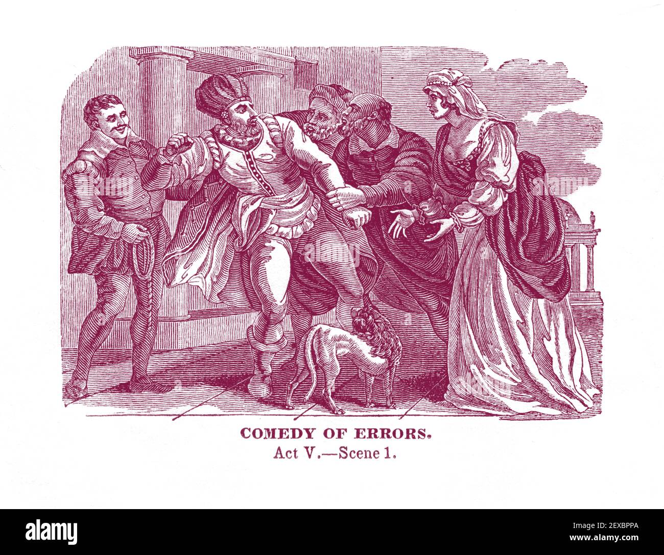 Ein Stich aus dem Jahr 1834, der eine Szene (V.Akt.Szene 1) aus William Shakespeares Stück 'Komödie der Fehler' darstellt, digital eingefärbt. Stockfoto