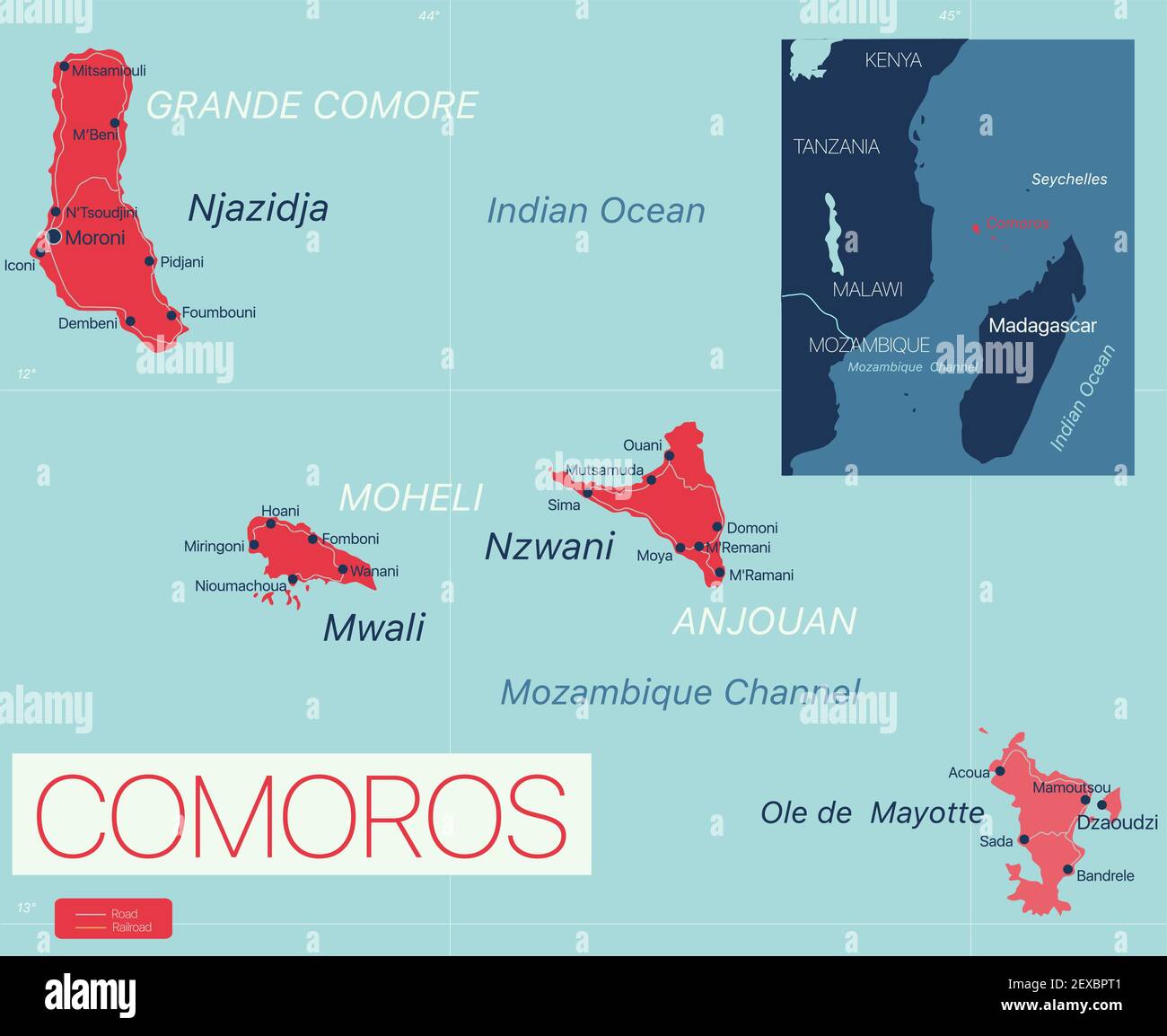 Komoren-Inseln Detaillierte editierbare Karte mit Regionen Städte und Gemeinden, Straßen und Eisenbahnen, geografische Standorte. Vector EPS-10-Datei Stock Vektor