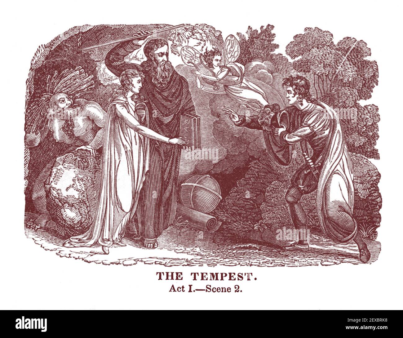 Ein Stich aus dem Jahr 1834, der eine Szene (1. Akt, Szene 2) aus William Shakespeares Stück 'The Tempest' darstellt, digital eingefärbt. Stockfoto