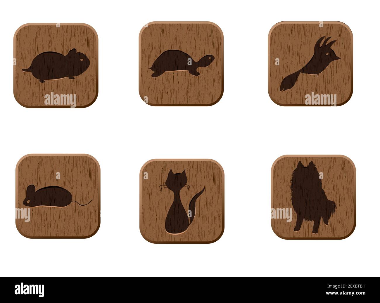 Hölzerne Ikonen mit Haustiersilhouetten. Stockfoto