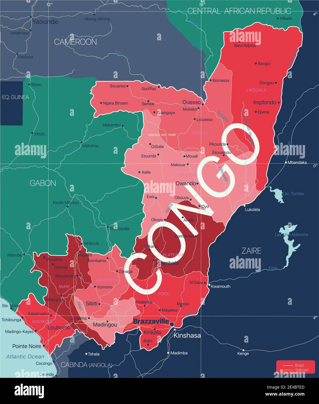 Kongo Land detaillierte editierbare Karte mit Regionen Städte und Städte, Straßen und Eisenbahnen, geografische Standorte. Vector EPS-10-Datei Stock Vektor