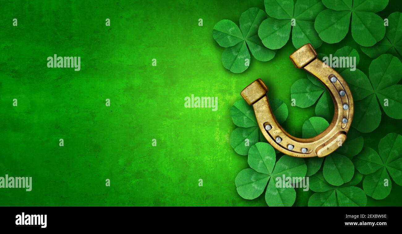 Saint Patricks Day Glücksbringer als grüner Kleeblatt und ein Pferdeschuh als Kleeblatt Hintergrund als St. Patrick Feier Symbol. Stockfoto