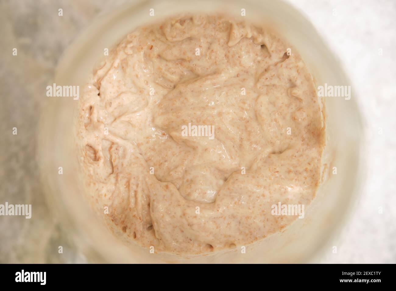 Draufsicht auf Sauerteig Starter in einem Glas. Fermentierte Kultur zur Zubereitung von Brot. Stockfoto