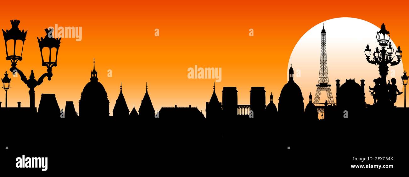 Silhouetten der antiken Architektur von Paris. Paris und seine historischen Wahrzeichen bei Sonnenuntergang. Roter Hintergrund. Stock Vektor