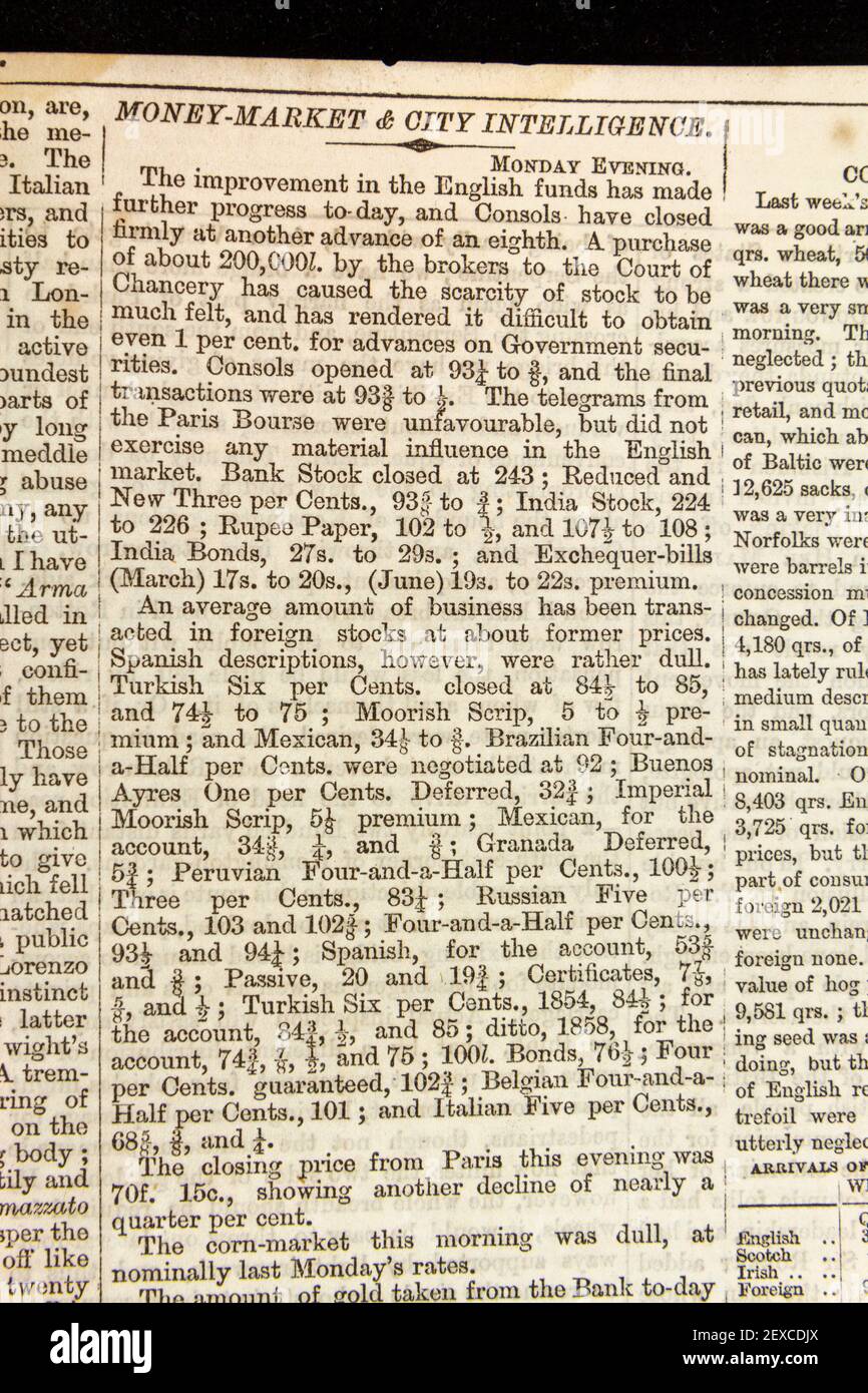„Money-Market & City Intelligence“-Bericht von den Finanzmärkten in einer Originalausgabe der Zeitung The Times, Dienstag, 25. Februar 1862. Stockfoto