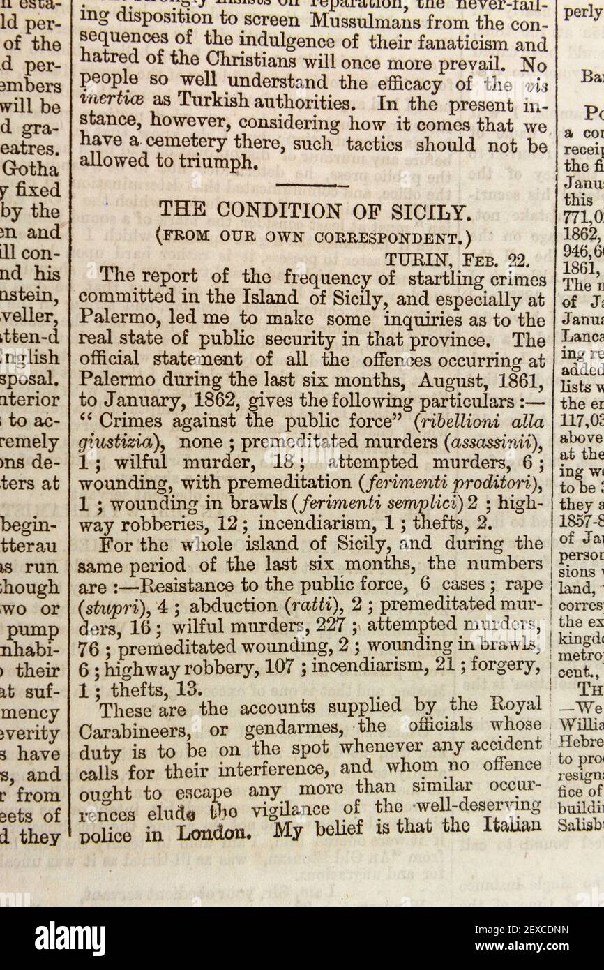 Nachrichtenartikel 'der Zustand Siziliens' über das Verbrechen auf Sizilien in einer Originalausgabe der Zeitung The Times, Dienstag, 25. Februar 1862. Stockfoto