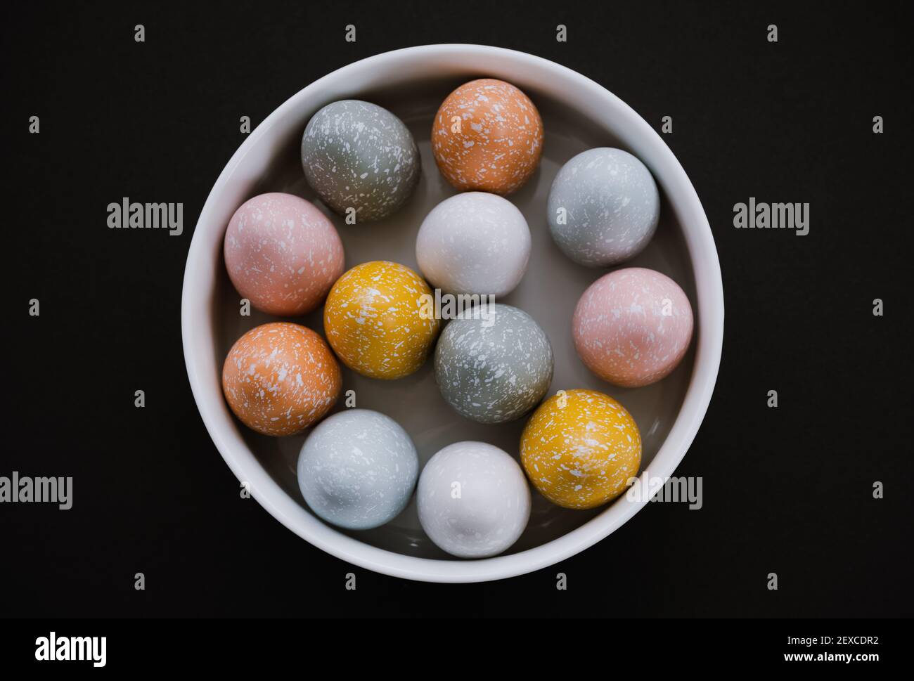 Bunte Ostereier in weißer Schale auf schwarzem Hintergrund Stockfoto