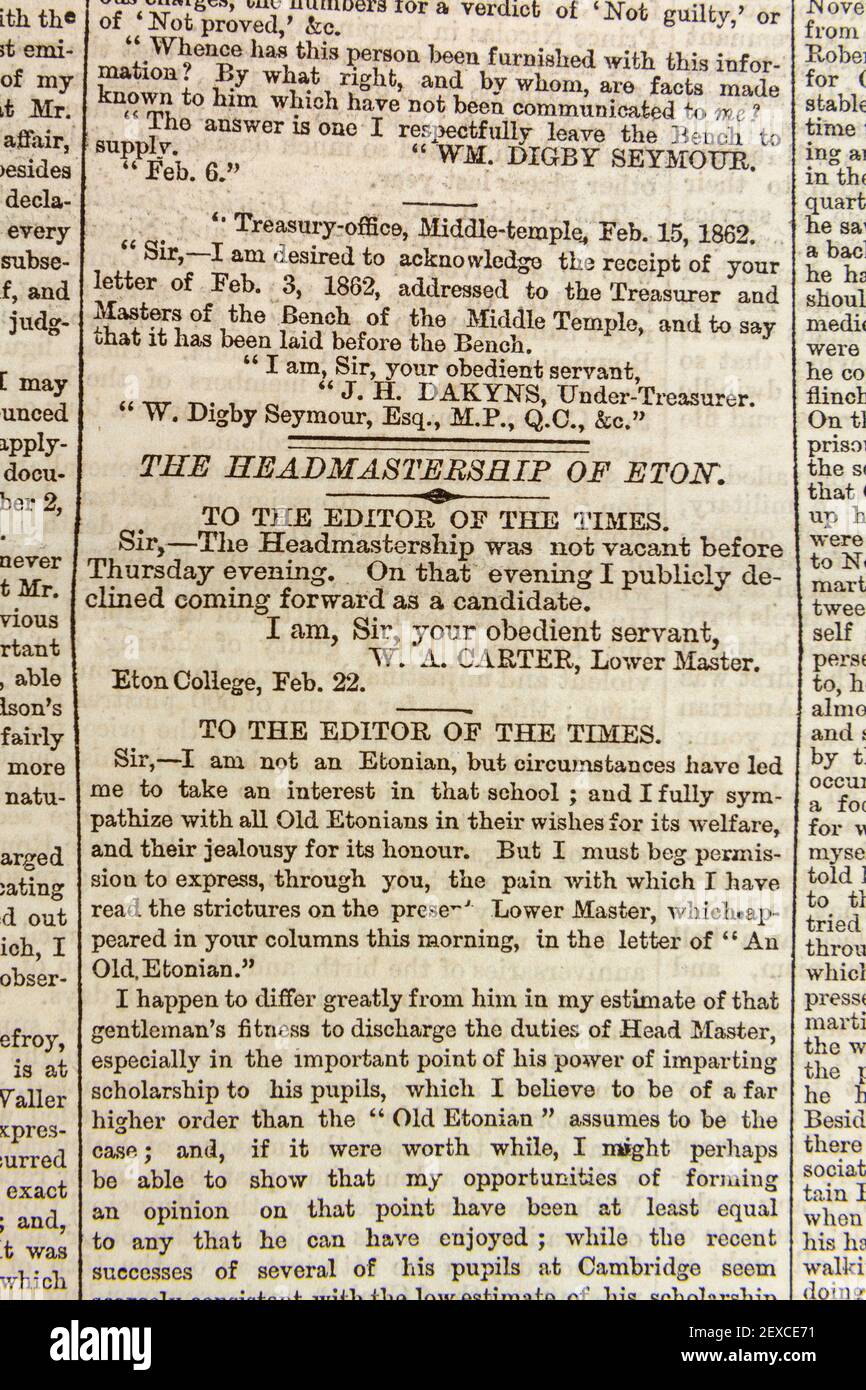 Brief an die Redaktionsseite mit Bezug auf die Schulleiter der Eton-Schule in einer Originalausgabe der Zeitung The Times, Dienstag, 25. Februar 1862. Stockfoto