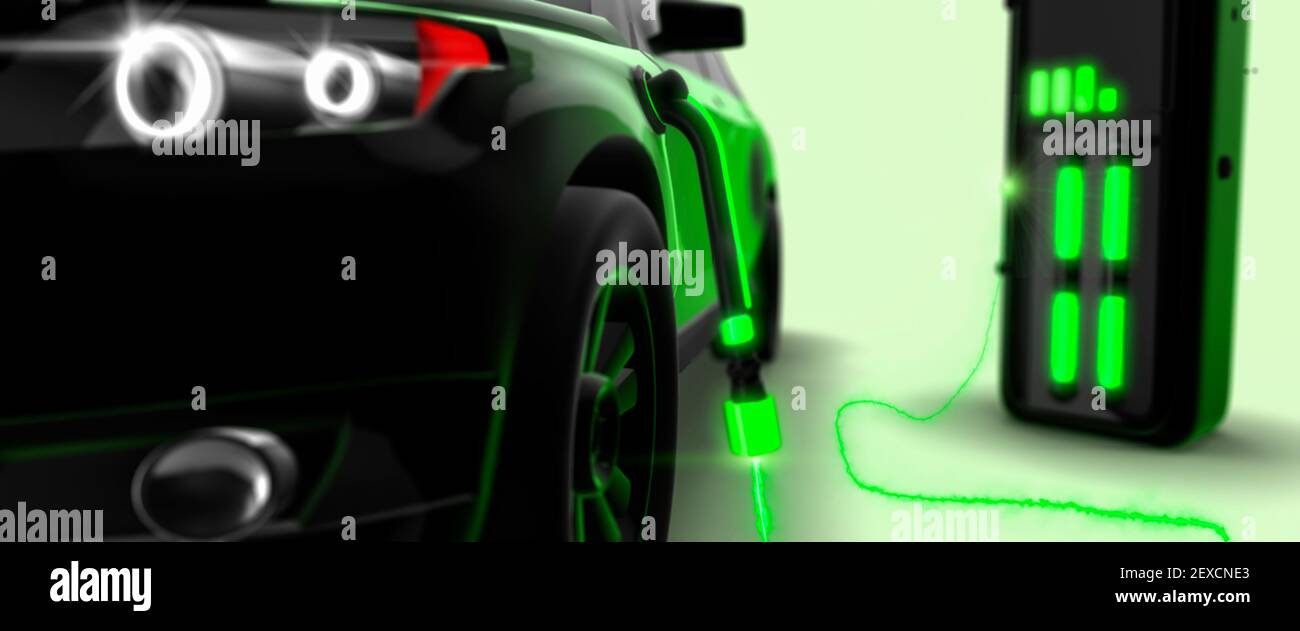 Modernes grünes Elektroauto laden an einer Ladestation 3D Rendern Stockfoto