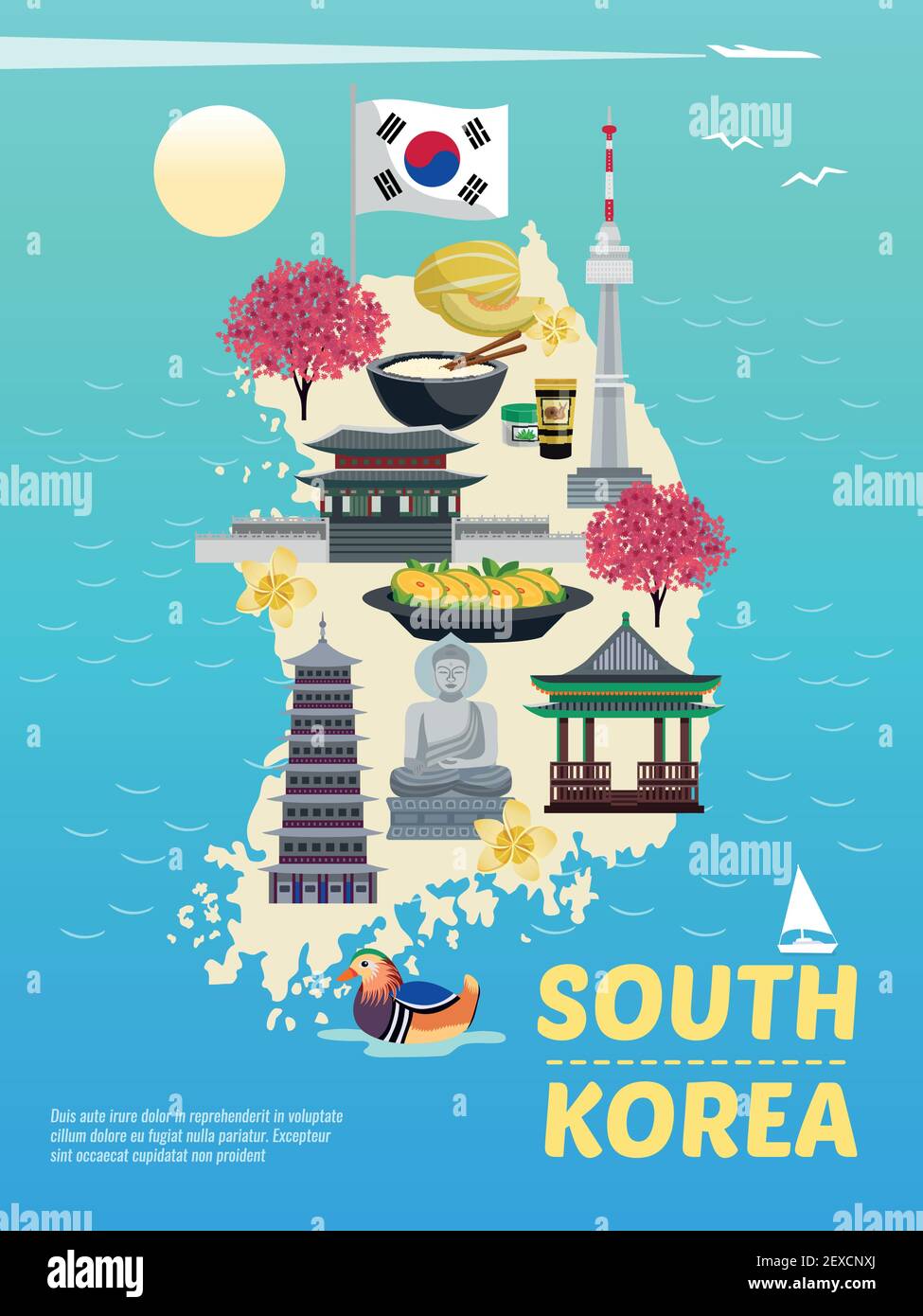 Südkorea Tourismus vertikale Poster-Komposition mit Doodle-Bilder auf Insel Silhouette mit Meer und Text Vektor Illustration Stock Vektor