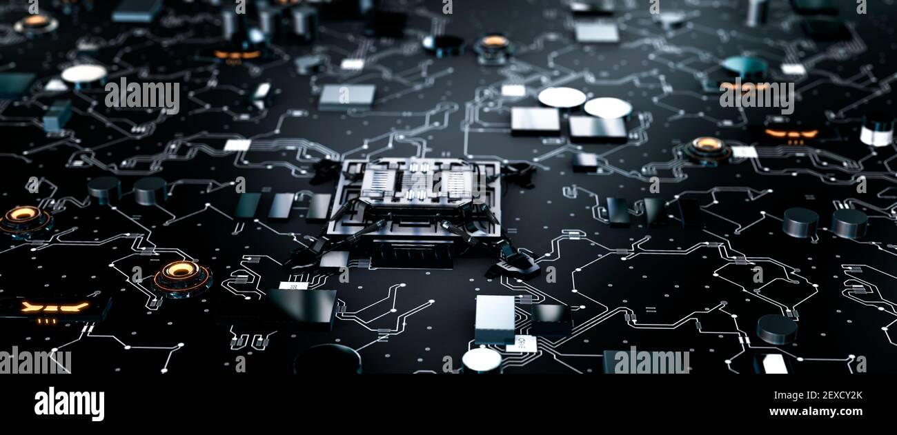 Beleuchtete Mikrochips und Prozessoren auf einer futuristischen Leiterplatte Concept 3D Render Stockfoto