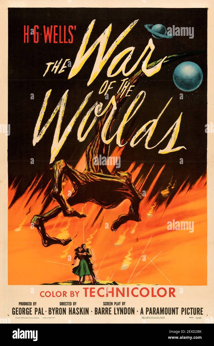 HG Wells 'der Krieg der Welten' altes Poster und Vintage-Horrorfilm-Poster/Bild. Farbe nach Technicolor. 1953. Stockfoto