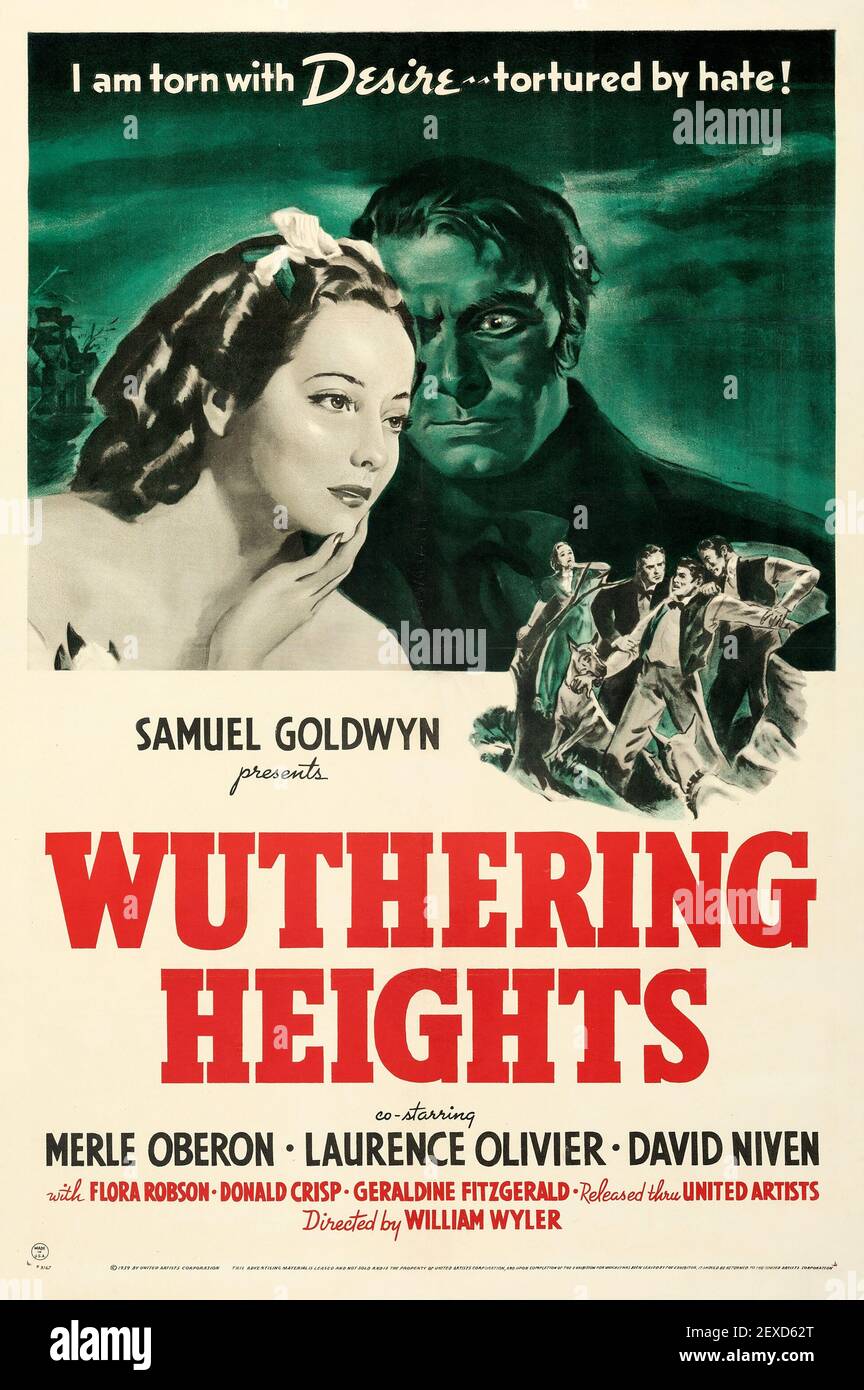 Wuthering Heights (Wuthering Heights). Leistung. Laurence Olivier, Merle Oberon und David Niven. Poster/Bild von alten und alten Horrorfilmen. 1939. Stockfoto
